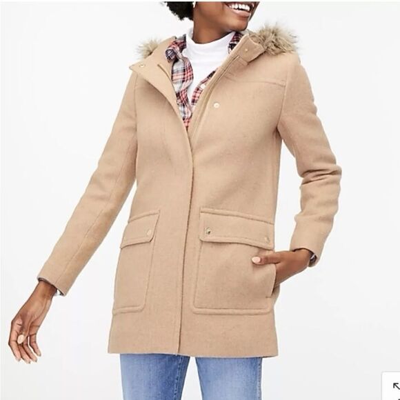 J. Crew Vail Parka Faux Fur Trim Hood Wool Blend Acorn Tan Hooded Coat - Picture 5 of 15